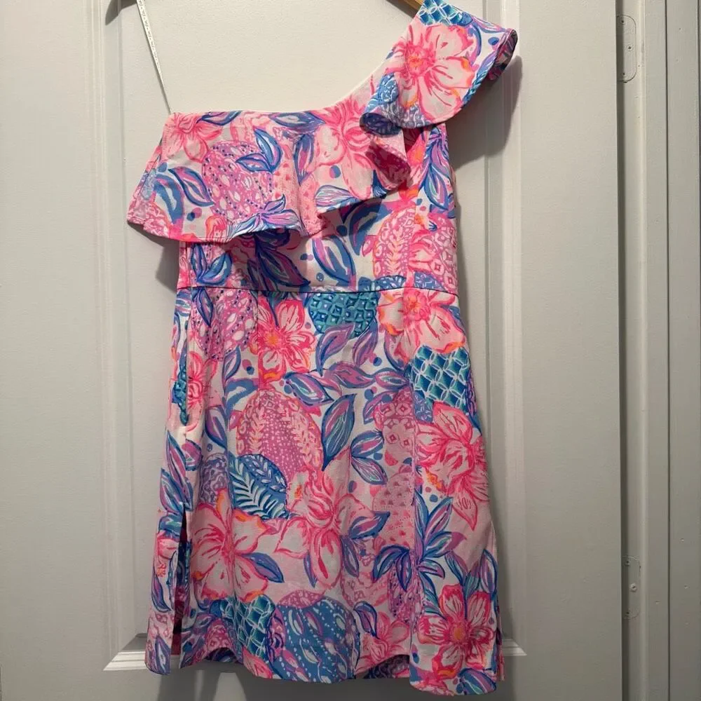 Lilly Pulitzer Kipton one shoulder romper Pink Isle Snappy Turtle size 2